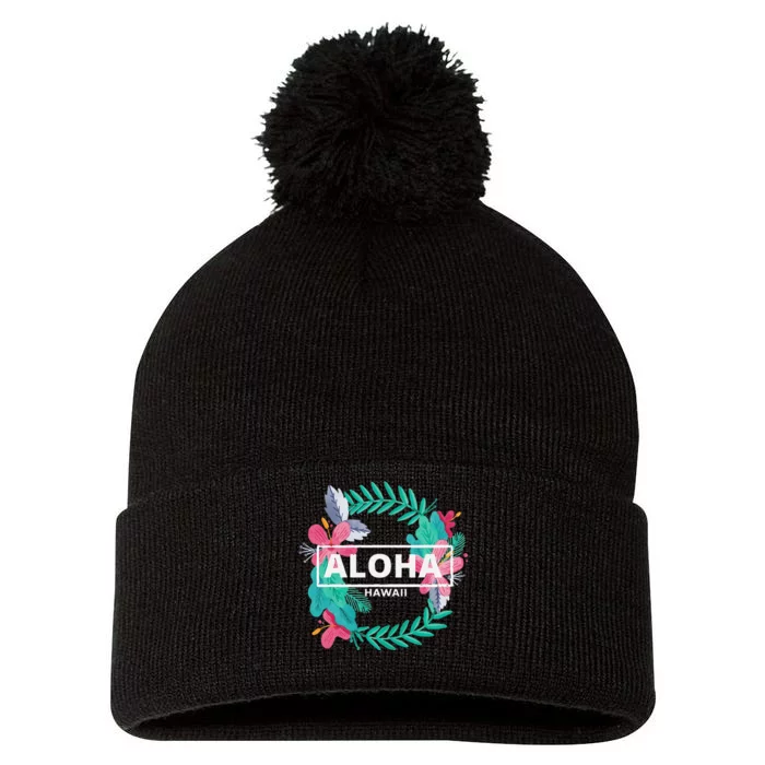 Aloha Hawaii Hibiscus Flowers Pom Pom 12in Knit Beanie