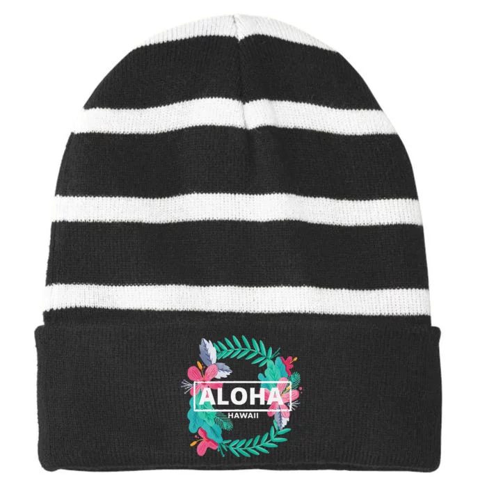 Aloha Hawaii Hibiscus Flowers Striped Beanie with Solid Band