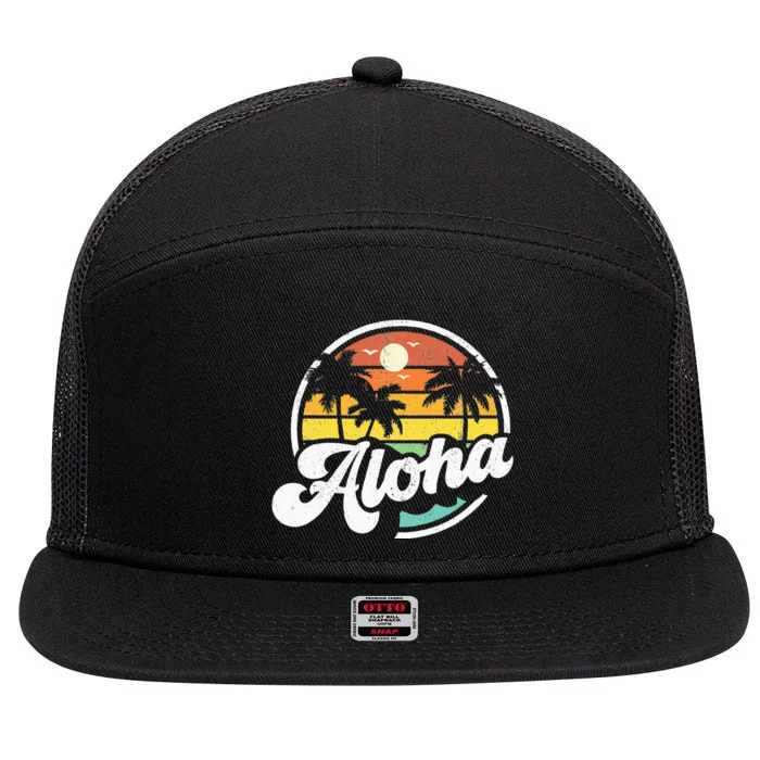 Aloha Hawaii Hawaiian Island Vacation Palm Trees Beach Gift 7 Panel Mesh Trucker Snapback Hat