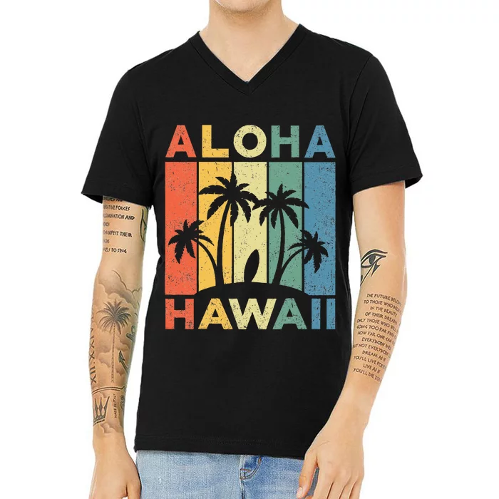 Aloha Hawaii Hawaiian Island Palm Beach Surfboard Surf V-Neck T-Shirt