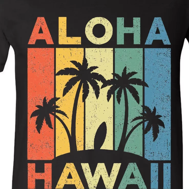 Aloha Hawaii Hawaiian Island Palm Beach Surfboard Surf V-Neck T-Shirt