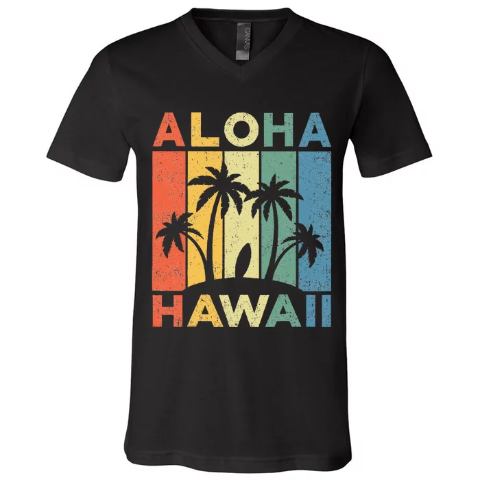 Aloha Hawaii Hawaiian Island Palm Beach Surfboard Surf V-Neck T-Shirt