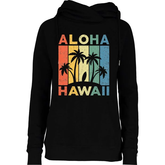 Aloha Hawaii Hawaiian Island Palm Beach Surfboard Surf Womens Funnel Neck Pullover Hood