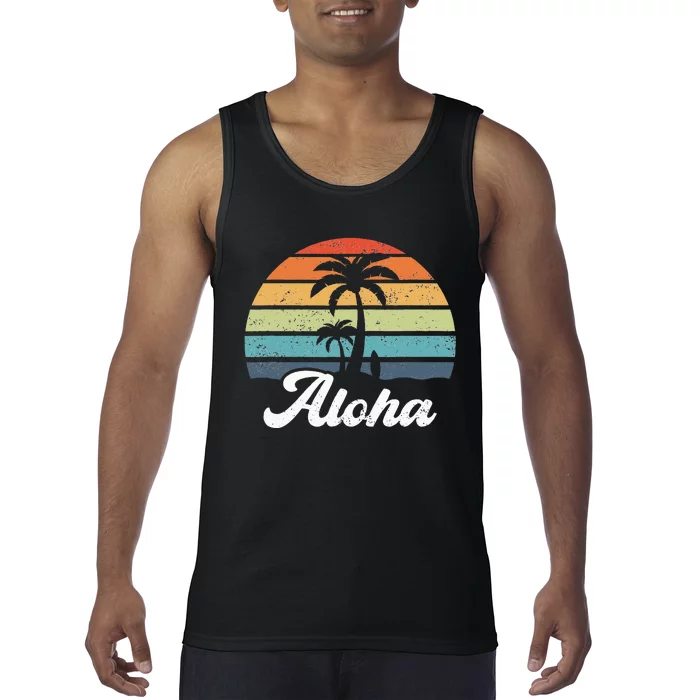 Aloha Hawaii Hawaiian Island Palm Beach Surfboard Surf Tank Top