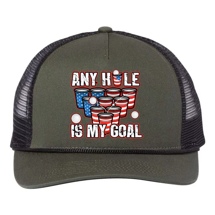 Any Hole Is My Goal 4th of July Funny Beer Pong Game Retro Rope Trucker Hat Cap