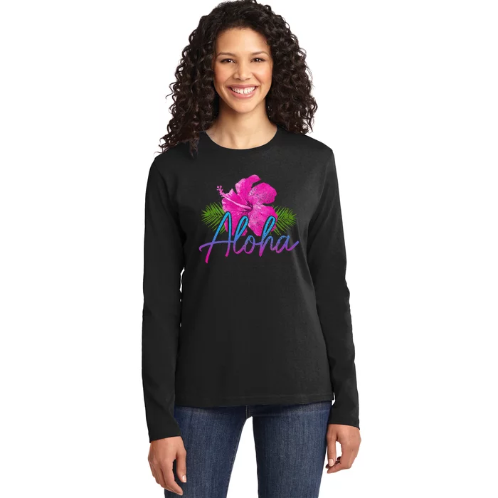 Aloha Hawaiian Islands Hawaii Surf Hibiscus Flower Surfer Ladies Long Sleeve Shirt