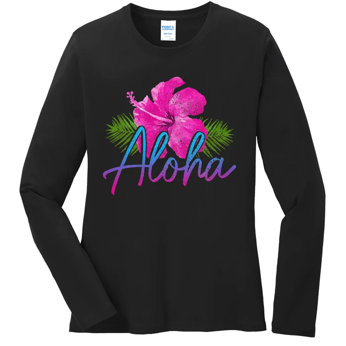 Aloha Hawaiian Islands Hawaii Surf Hibiscus Flower Surfer Ladies Long Sleeve Shirt