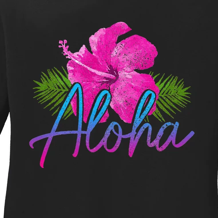 Aloha Hawaiian Islands Hawaii Surf Hibiscus Flower Surfer Ladies Long Sleeve Shirt