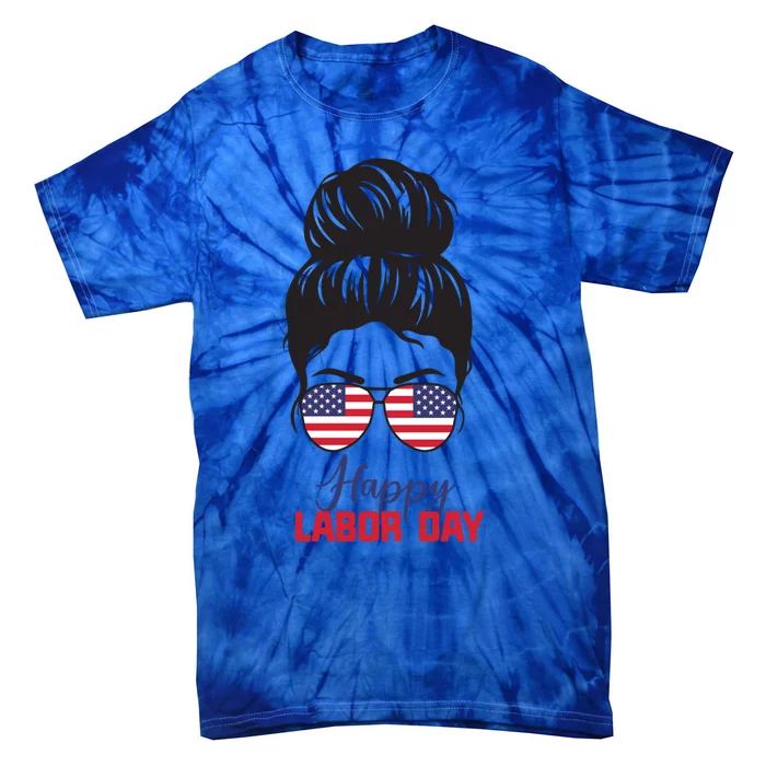 American Happy Labor Day Messy Bun Hair Gift Tie-Dye T-Shirt