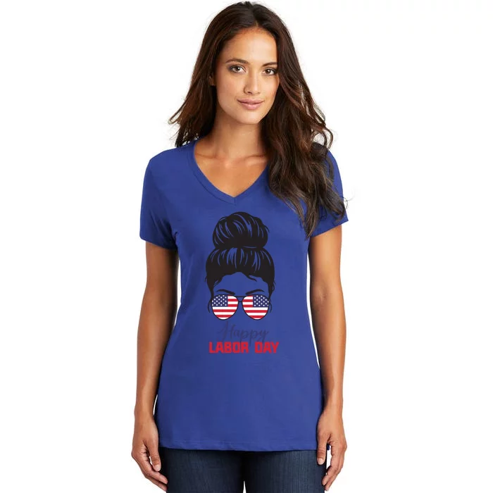 American Happy Labor Day Messy Bun Hair Gift Women's V-Neck T-Shirt