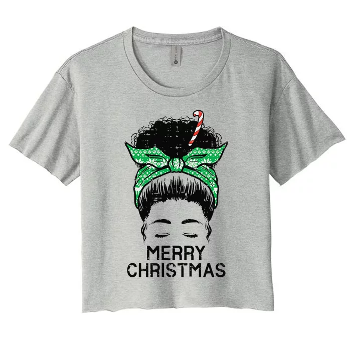 Afro Hairbun Merry Christmas African Black Xmas Mom Funny Women's Crop Top Tee