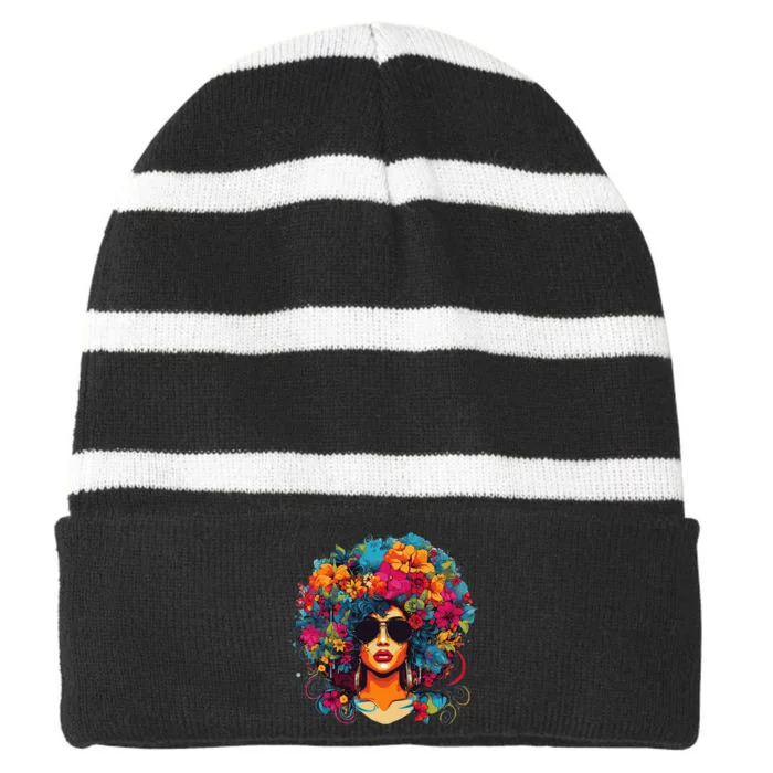 Afro Hair Natural Black History Pride Black Melanin Striped Beanie with Solid Band