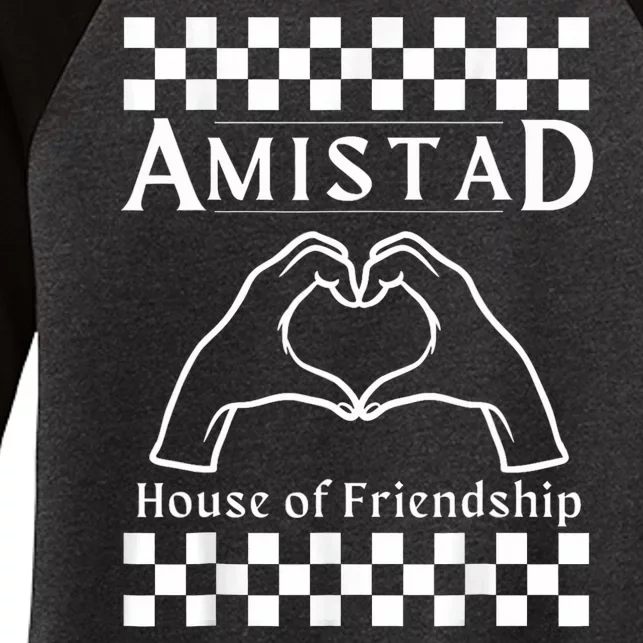 Amistad House Of Friendship Red Retro Groovy Social Amistad Women's Tri-Blend 3/4-Sleeve Raglan Shirt