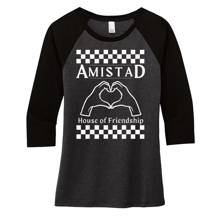 Amistad House Of Friendship Red Retro Groovy Social Amistad Women's Tri-Blend 3/4-Sleeve Raglan Shirt