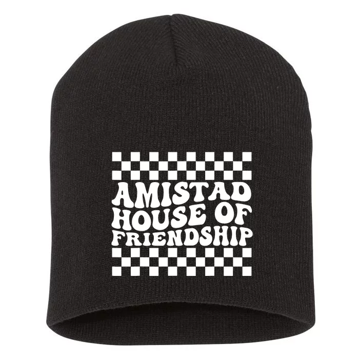 Amistad House Of Friendship Red Retro Groovy Social Amistad Short Acrylic Beanie