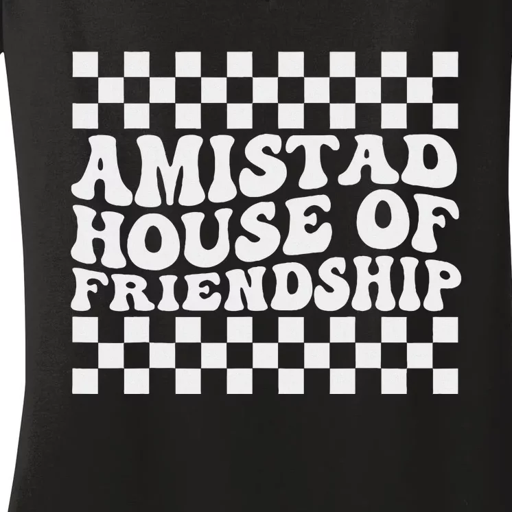 Amistad House Of Friendship Red Retro Groovy Social Amistad Women's V-Neck T-Shirt