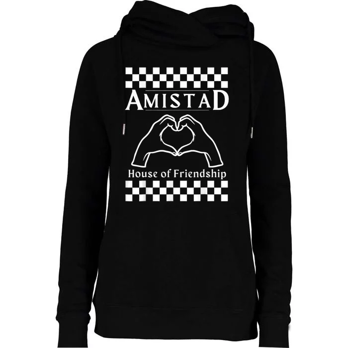 Amistad House Of Friendship Red Retro Groovy Social Amistad Womens Funnel Neck Pullover Hood