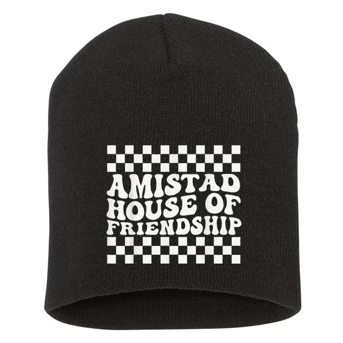 Amistad House Of Friendship Red Retro Groovy Social Amistad Short Acrylic Beanie