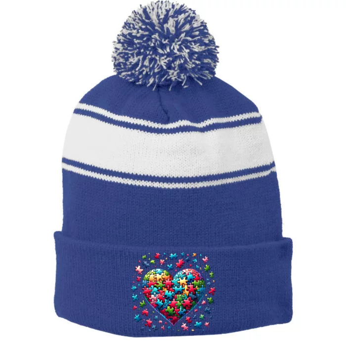 Autism Heart Of Puzzle Pieces Love Acceptance Awareness Funny Gift Stripe Pom Pom Beanie