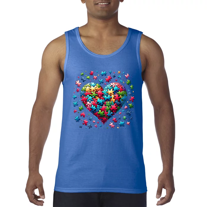 Autism Heart Of Puzzle Pieces Love Acceptance Awareness Funny Gift Tank Top