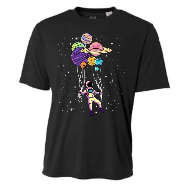 Astronaut Holding Planet Balloons STEM Kids Cooling Performance Crew T-Shirt