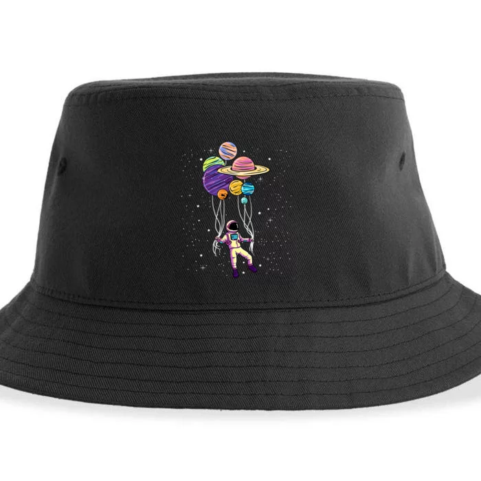 Astronaut Holding Planet Balloons STEM Kids Sustainable Bucket Hat