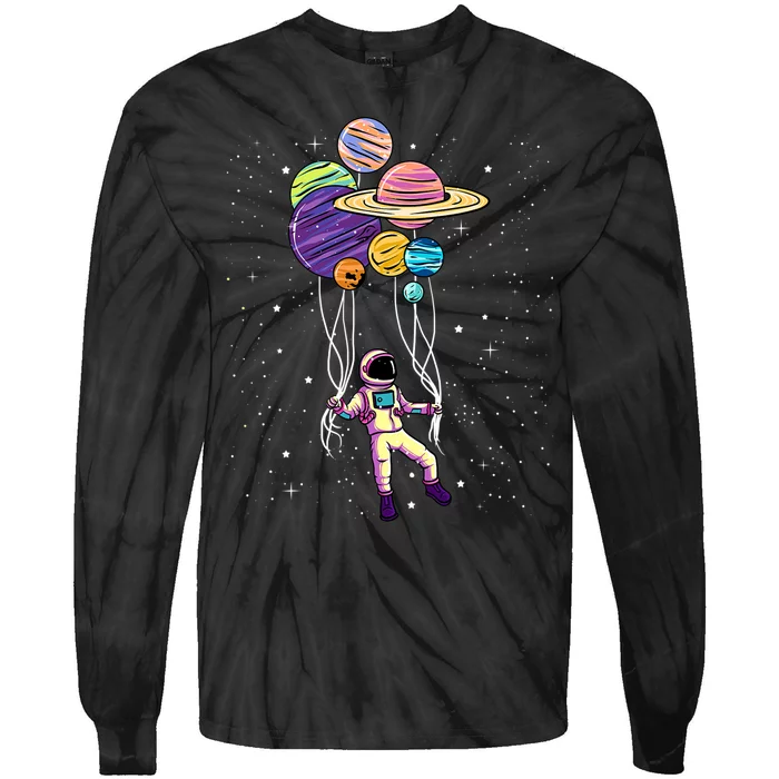 Astronaut Holding Planet Balloons STEM Kids Tie-Dye Long Sleeve Shirt