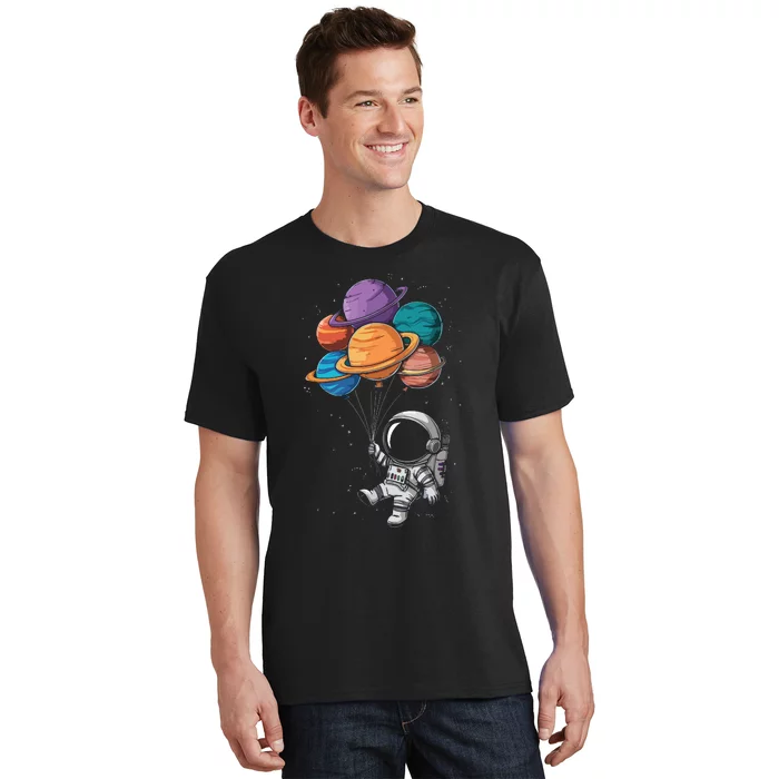 Astronaut Holding Planet Balloons Floating In Space T-Shirt