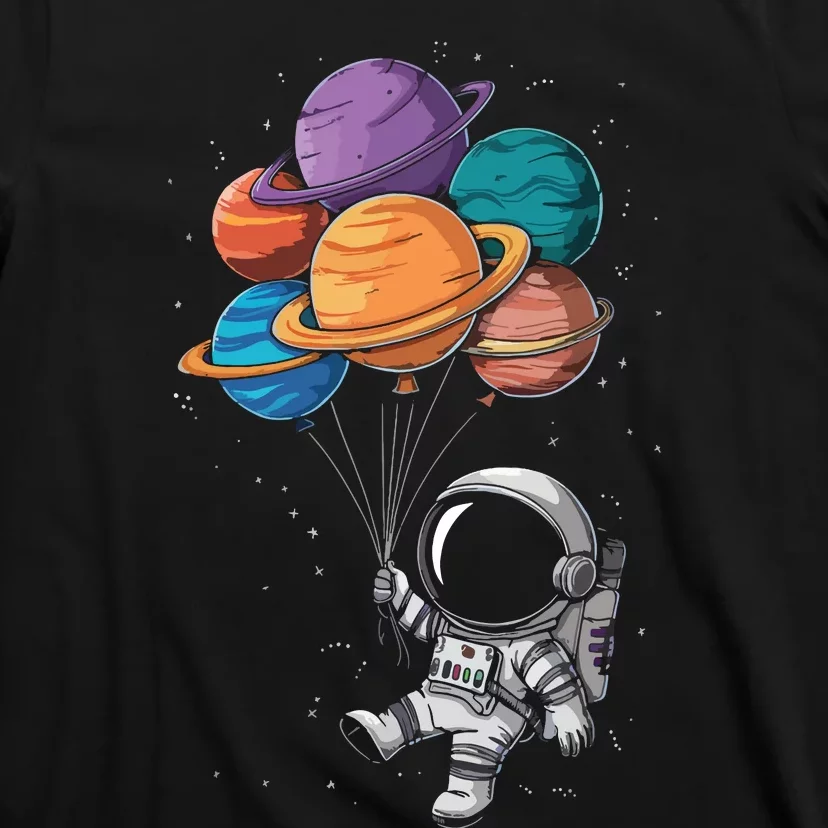 Astronaut Holding Planet Balloons Floating In Space T-Shirt