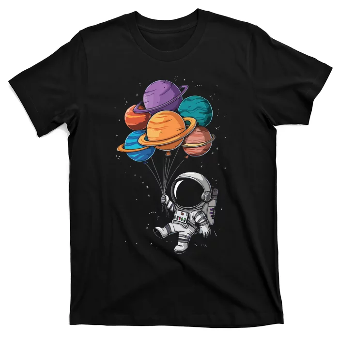 Astronaut Holding Planet Balloons Floating In Space T-Shirt