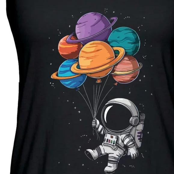 Astronaut Holding Planet Balloons Floating In Space Ladies Essential Flowy Tank