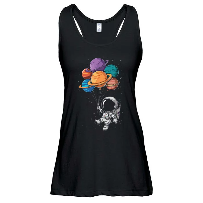 Astronaut Holding Planet Balloons Floating In Space Ladies Essential Flowy Tank