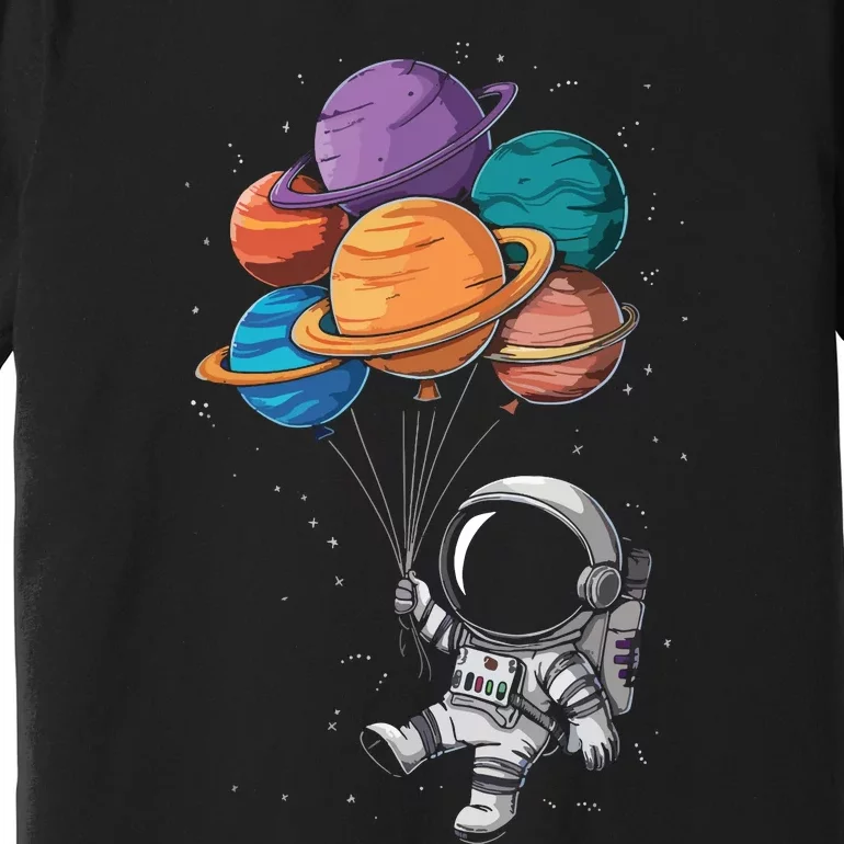 Astronaut Holding Planet Balloons Floating In Space Premium T-Shirt