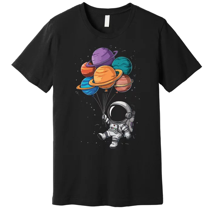 Astronaut Holding Planet Balloons Floating In Space Premium T-Shirt