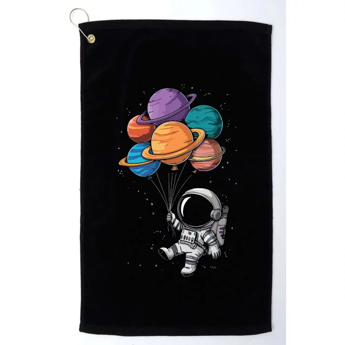 Astronaut Holding Planet Balloons Floating In Space Platinum Collection Golf Towel