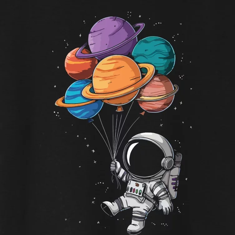 Astronaut Holding Planet Balloons Floating In Space Women's Crop Top Tee