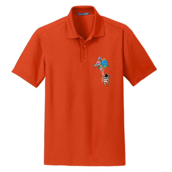 Astronaut Holding Planet Balloons Dry Zone Grid Performance Polo