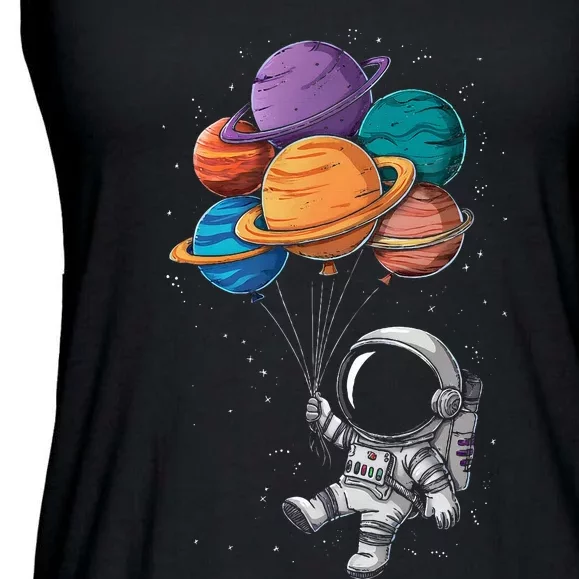 Astronaut Holding Planet Balloons Floating In Space Ladies Essential Flowy Tank