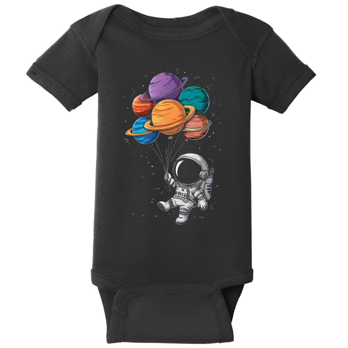 Astronaut Holding Planet Balloons Floating In Space Baby Bodysuit