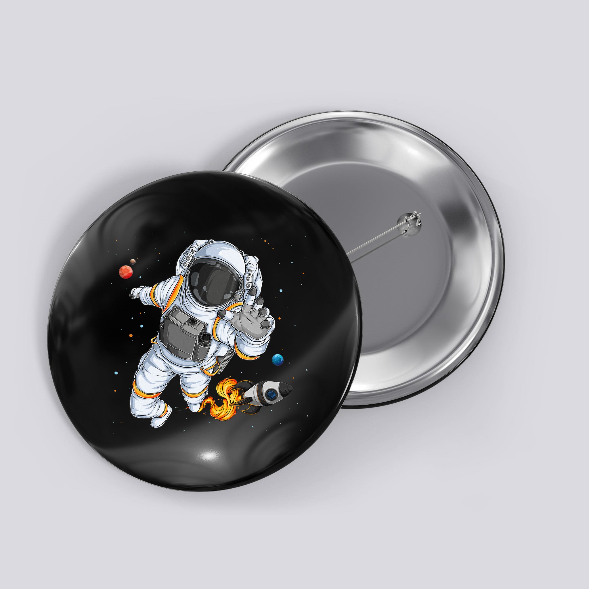 Astronaut holding Planet Balloons Solar System spac Button | TeeShirtPalace