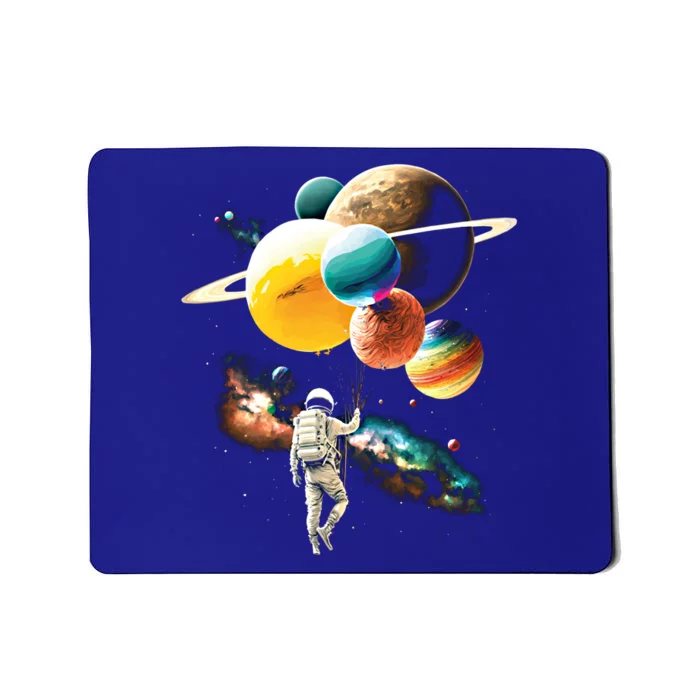 Astronaut Holding Planet Balloons: Funny Graphic Gift Mousepad