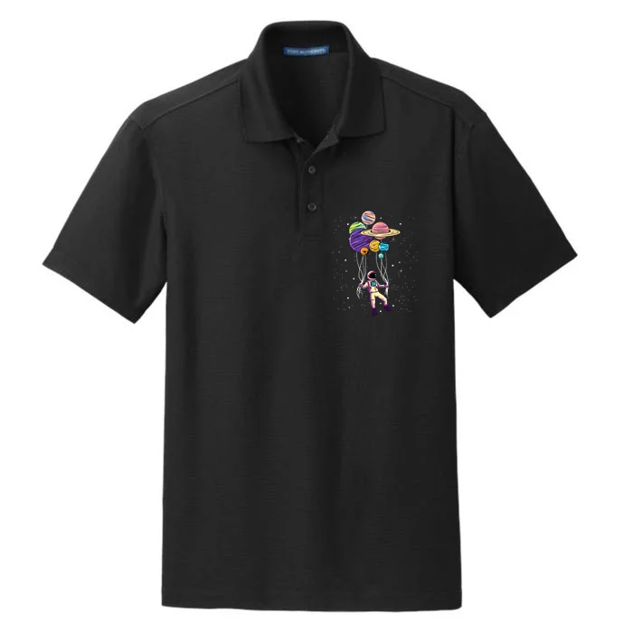 Astronaut Holding Planet Balloons STEM Kids Dry Zone Grid Performance Polo