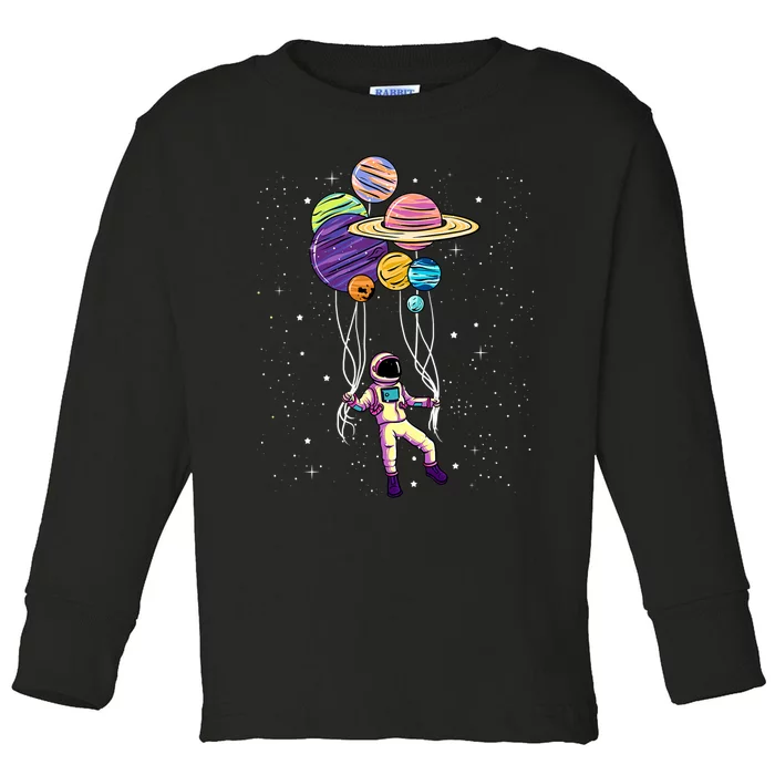 Astronaut Holding Planet Balloons STEM Kids Toddler Long Sleeve Shirt