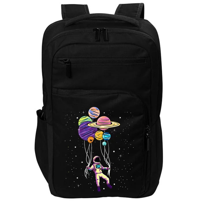 Astronaut Holding Planet Balloons Impact Tech Backpack