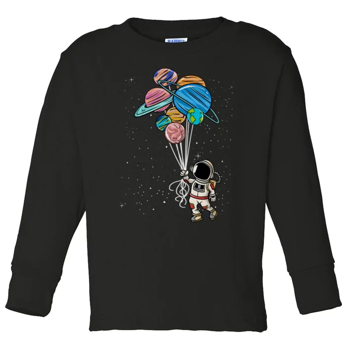 Astronaut Holding Planet Balloons Astronaut Space Spaceman Moon Mars Toddler Long Sleeve Shirt