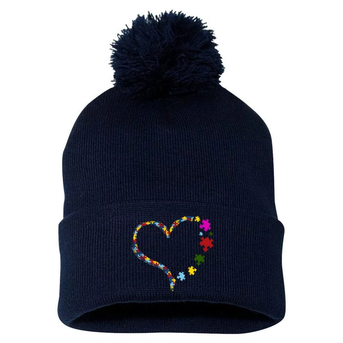 Autism Heart Puzzle Piece Pom Pom 12in Knit Beanie