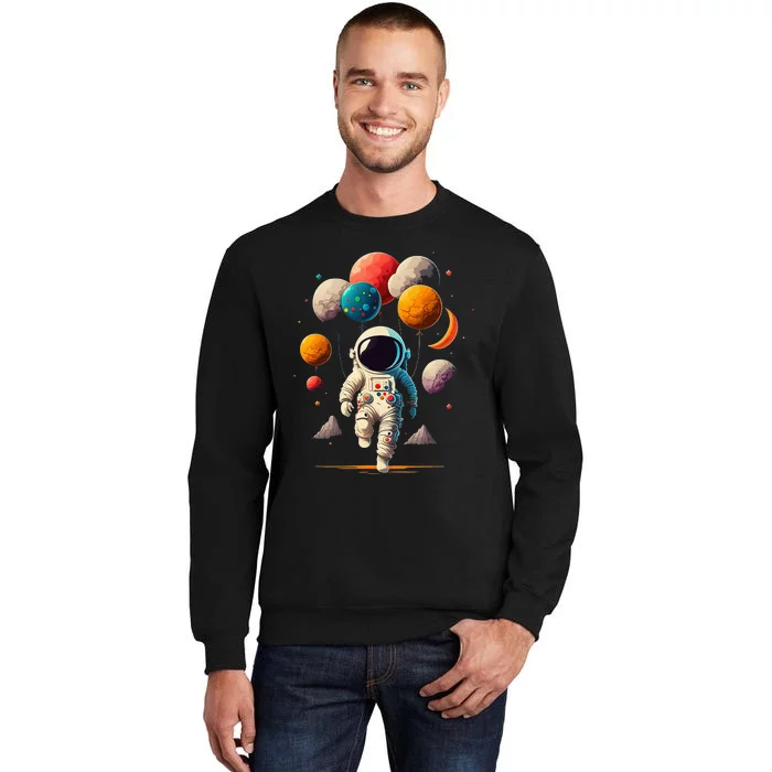 Astronaut holding Planet Balloons Solar System space Tall Sweatshirt