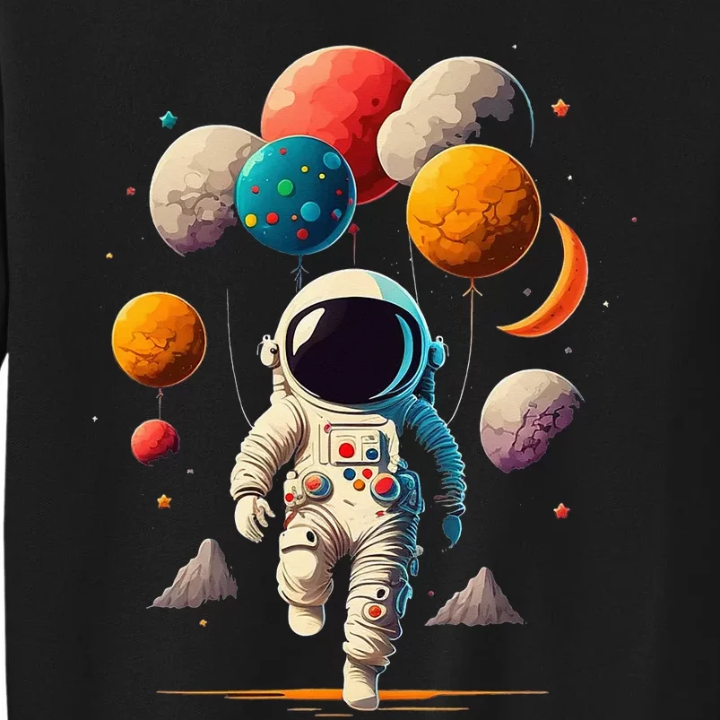 Astronaut holding Planet Balloons Solar System space Tall Sweatshirt