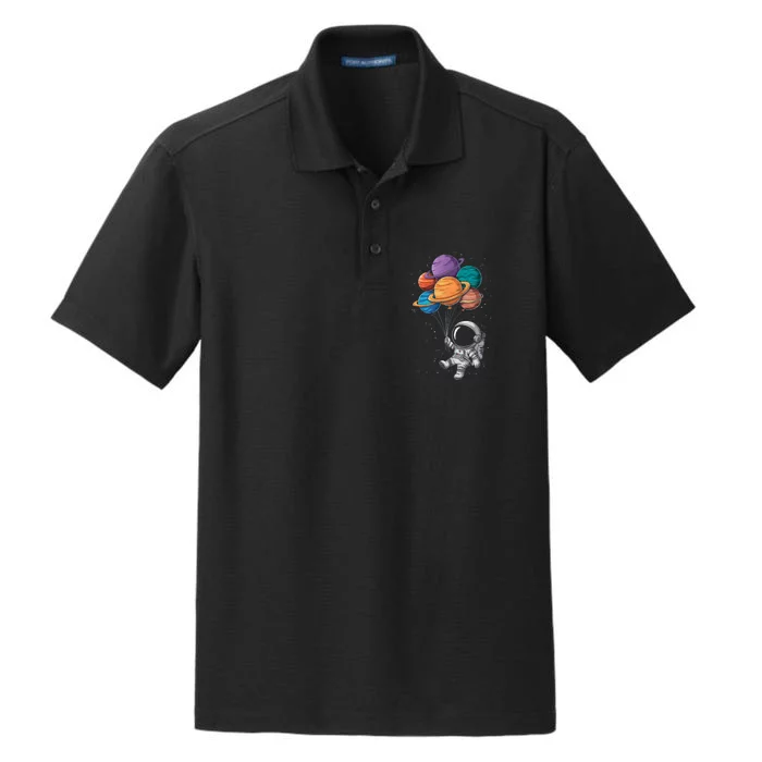 Astronaut Holding Planet Balloons Floating In Space Dry Zone Grid Performance Polo