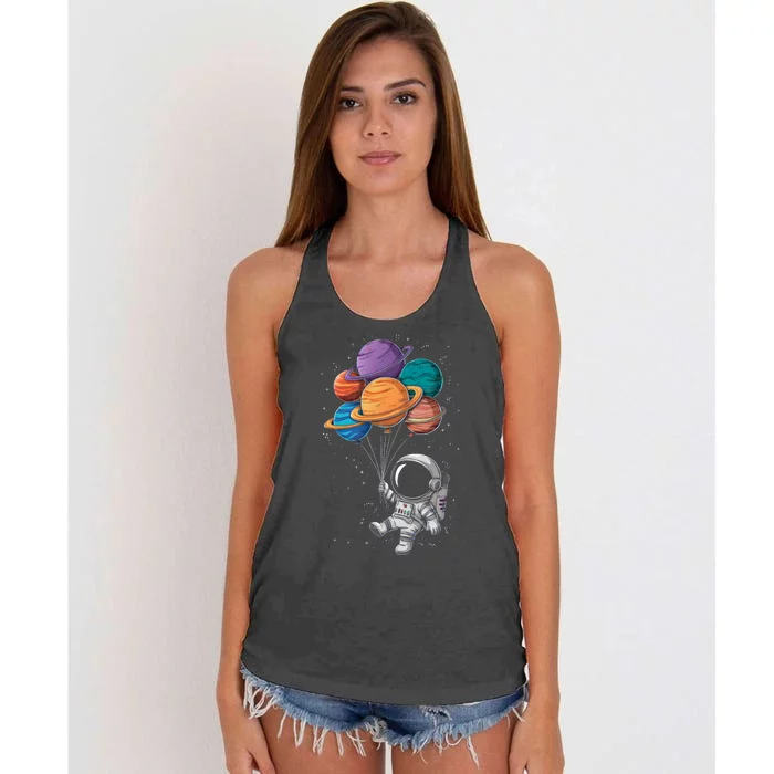 Astronaut Holding Planet Balloons Floating In Space Women's Knotted Racerback Tank